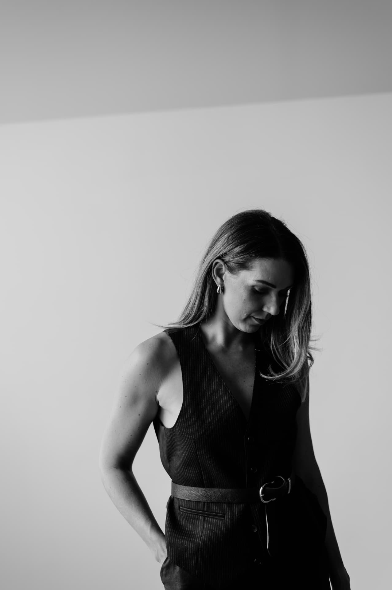Mandy Balak, black and white editorial portrait